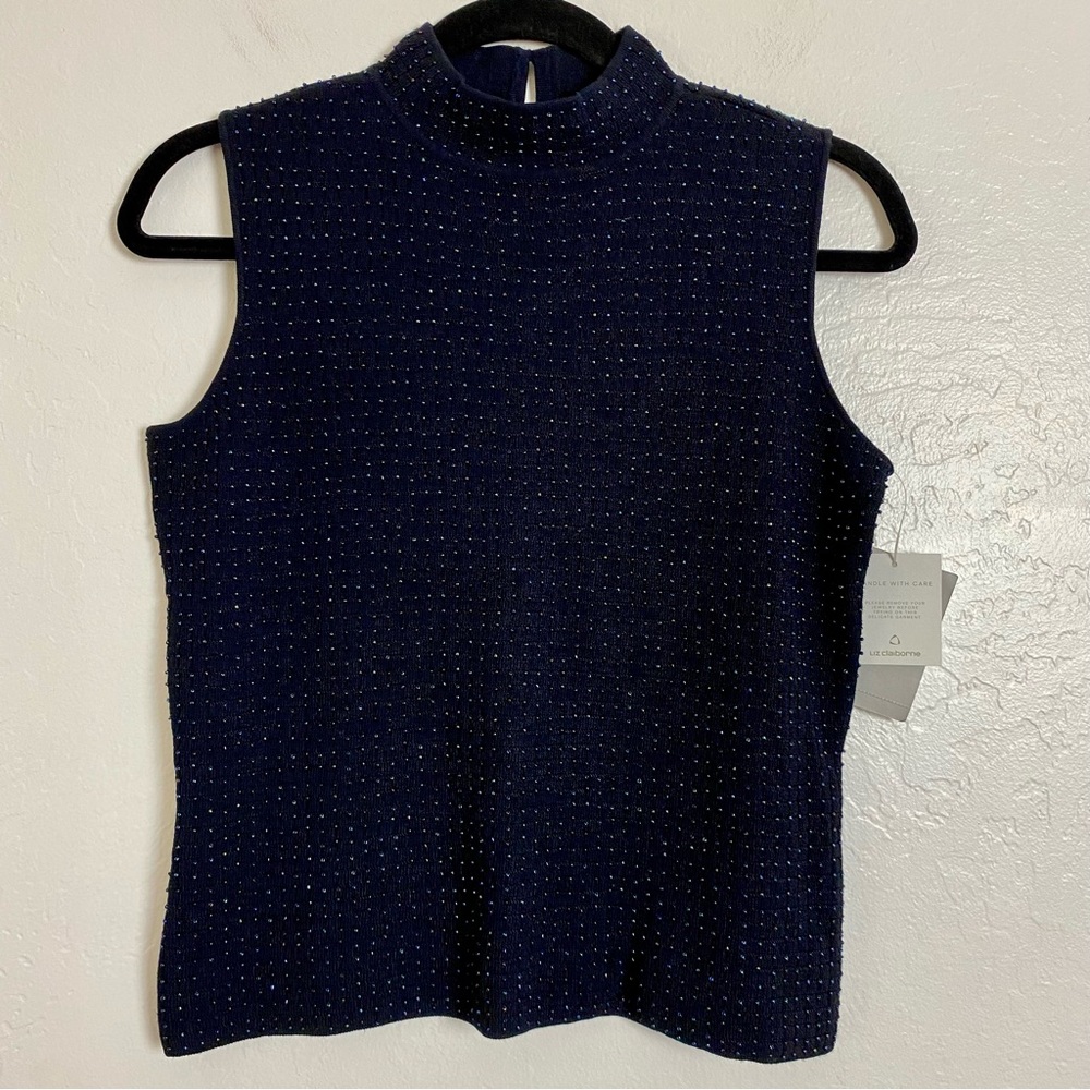 Liz Claiborne Vintage Black Sleeveless Knit Top Iridescent Studded S NWT